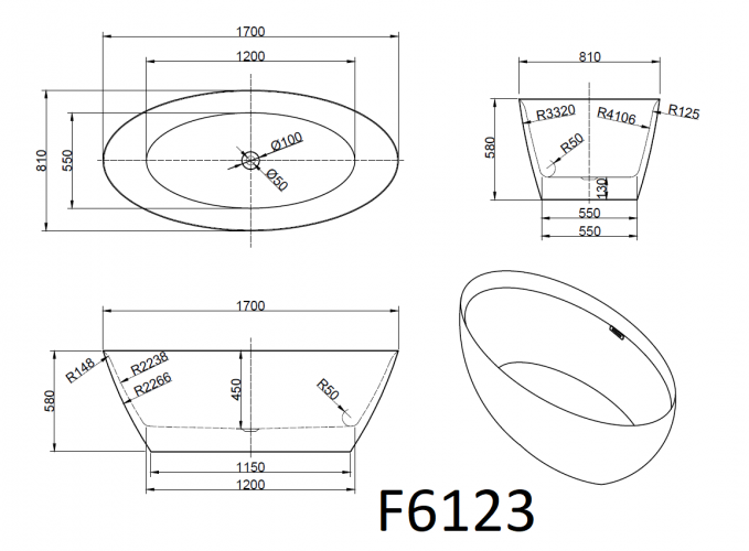Ванна Frank F6123 Black/White 170x81 черная с белым отдельностоящая, 12526