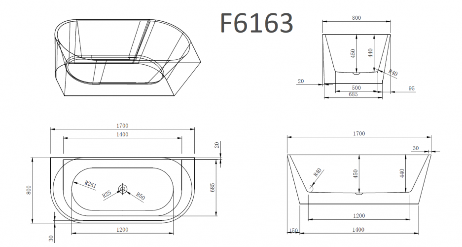 Ванна Frank F6163 Black/White 170x80 черная с белым пристенная, 12531
