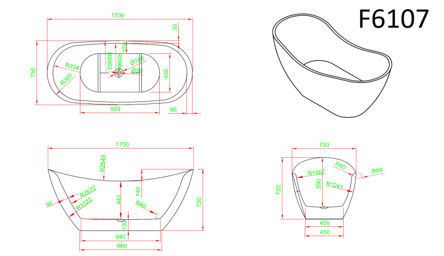 Ванна Frank F6107 Black/White 170x75 отдельностоящая, 12520